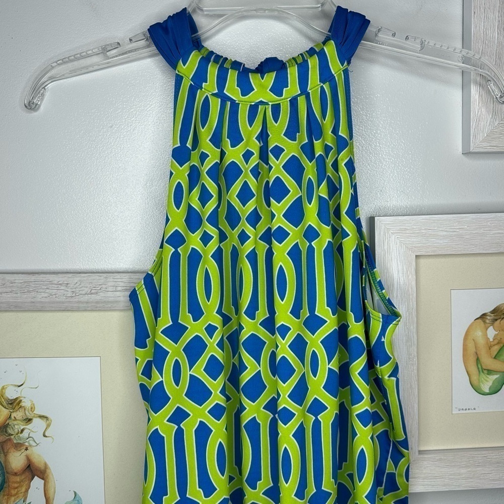 Mud Pie Green & Blue Geometric Natalie Bow Tie Mini Dress Women’s Size Small - Picture 3 of 10